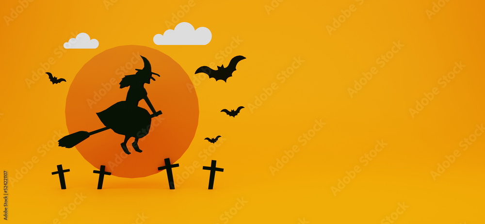 Halloween theme banner with witch on grave There were bats and clouds all around with the moon in the background. 3D illustration rendering.