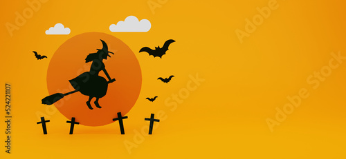 Halloween theme banner with witch on grave There were bats and clouds all around with the moon in the background. 3D illustration rendering.