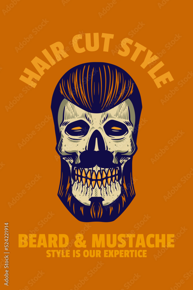 skull head with hair and beard card poster vector illustration