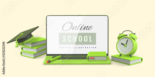 Online school concept. Laptop with books, pencil, alarm clock, graduation cap and diploma. Vector illustration