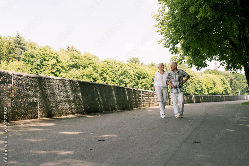 Elderly couple walking in the park on a hot summer day