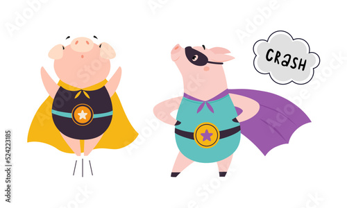 Funny superhero pigs in capes and masks set. Cute powerful piglets dressed as superheroes cartoon vector illustration