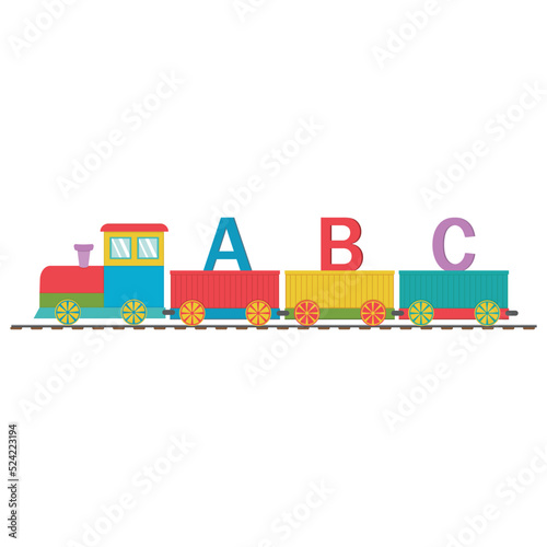 Wooden train with cars and letters ABC, back to school, color vector illustration in flat style