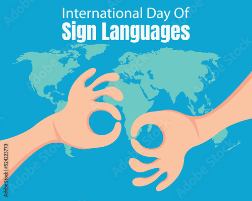 illustration vector graphic of a pair of hands demonstrating sign language, showing world map background, perfect for international day of sign languages, celebrate, greeting card, etc.
