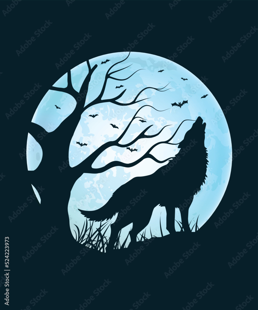 Fototapeta premium Nightmare or Halloween T-shirt or book cover design. Wolf howling at the moon, night.