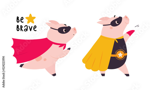 Funny superhero pigs dressed in capes and masks set cartoon vector illustration