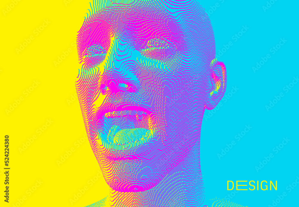 Portrait of screaming man with wide open mouth. Shock and awe. Full of emotions. Voxel art. 3D vector illustration.