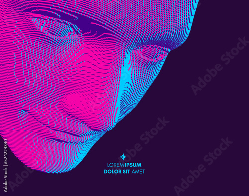 Portrait of smiling man. Abstract digital human head constructing from cubes. Technology and robotics concept. Voxel art. 3D vector illustration for presentations, flyers or posters.