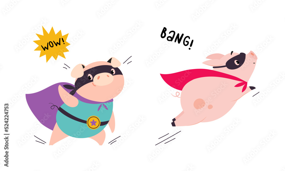 Fototapeta premium Funny superhero pigs running and flying set. Cute powerful piglets dressed as superheroes cartoon vector illustration