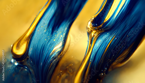 Liquid blue and golden paints, Abstract fluid smooth background with waves luxury.3d render.