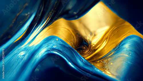 Liquid blue and golden paints, Abstract fluid smooth background with waves luxury.3d render.