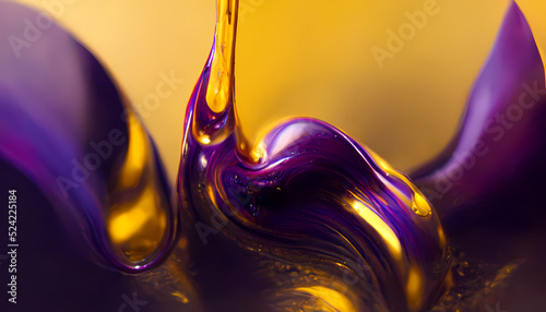 Liquid violet and golden paints, Abstract fluid smooth background with waves luxury.3d render.