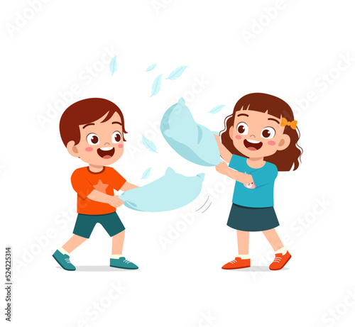 little kid play pillow fight with friend