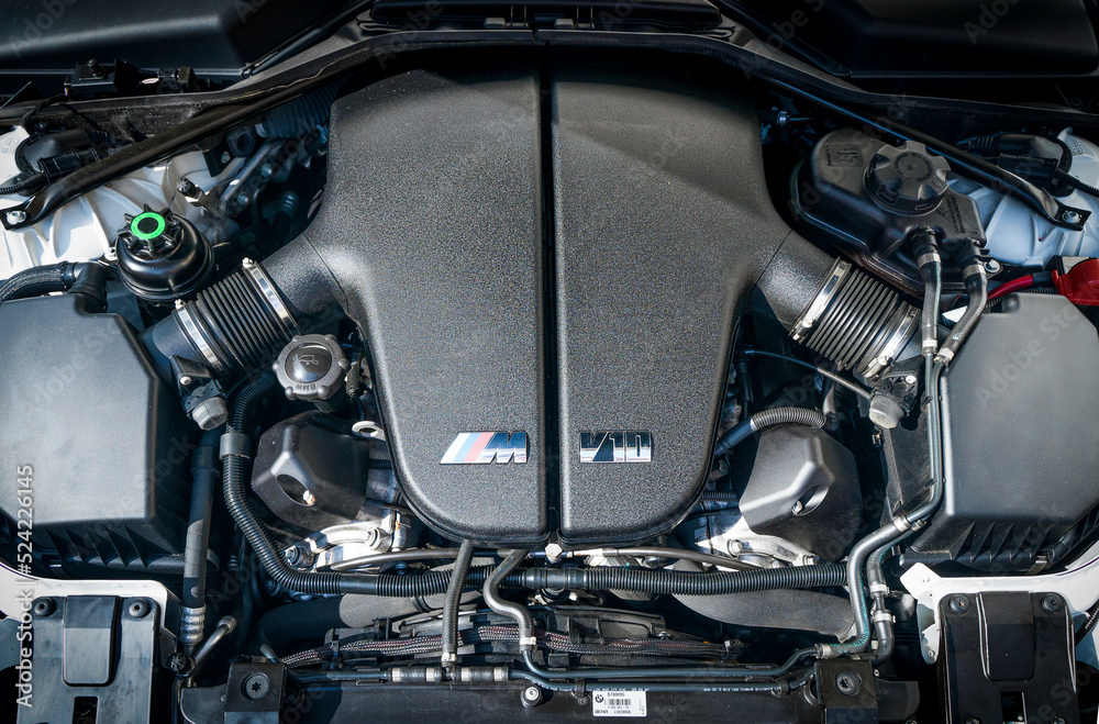 Berlin, Germany August 14, 2022 BMW engine. Modern V10 engine in a