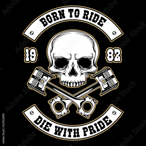 vintage motorcycle logo with skull, piston and wrench vector illustration
