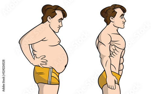 Muscular and chubby man, Weight loss concept, Man before and after weight loss, Diet and sport, Two characters fat and muscular man, Side view vector illustration, Healthcare illustration,