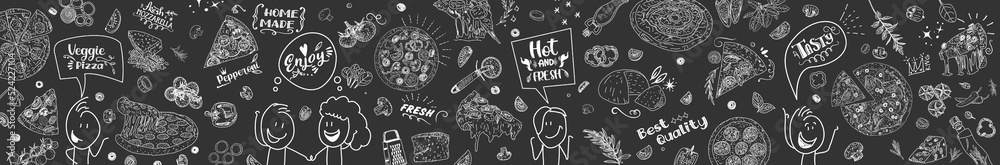 Fototapeta premium Traditional Italian pizza, vegetables, ingredients on dark background. Pizza menu.Top view. Vector illustration. Engraved design. 