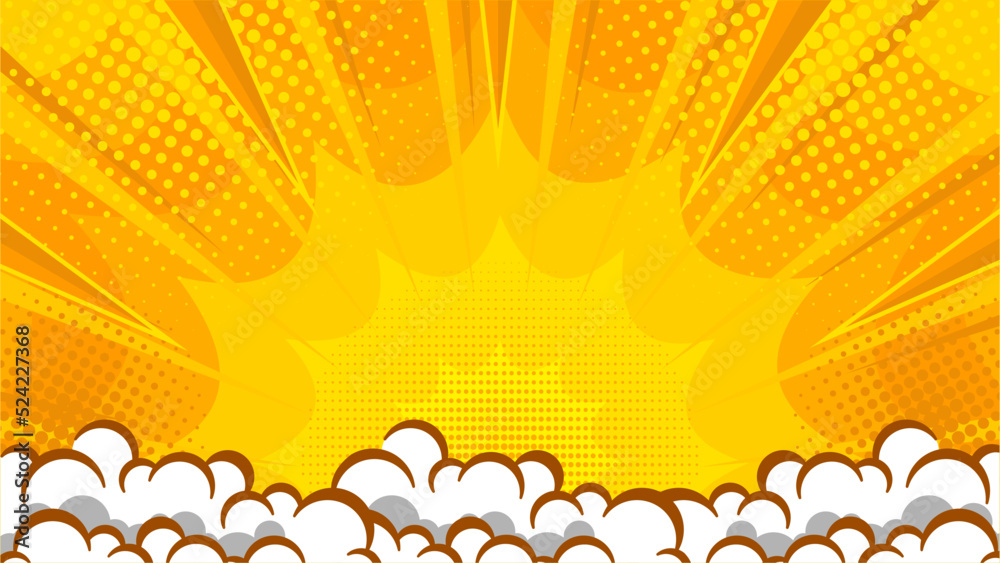 Yellow comic abstrack background pop art book or poster background with halftone and clouds effect