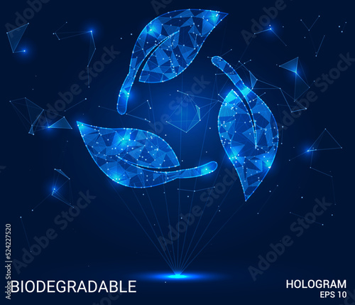 The hologram is biodegradable. Biodegradable from polygons, triangles of dots and lines. Eco-friendly product icon low-poly compound structure. Technology concept vector.