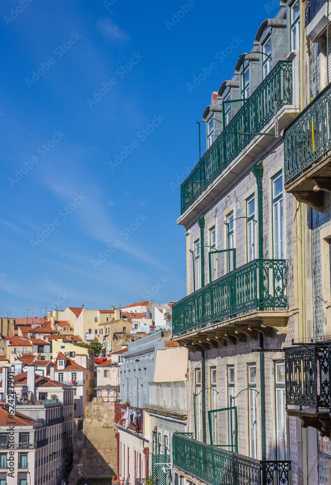 Traditional Portuguese house with balconies and tiles in Lisbon, Portugal