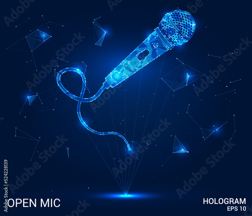 The hologram is an open mic. Open mic made of polygons, triangles of dots and lines. Microphone icon low-poly connection structure. Technology concept vector.