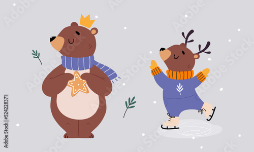 Set of cute winter forest animals. Bear and reindeer Christmas characters vector illustration