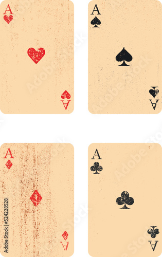 Vector illustratiom of Ace of heart, Ace of club, Ace of diamond and Ace of spades with grungy and stain effect.