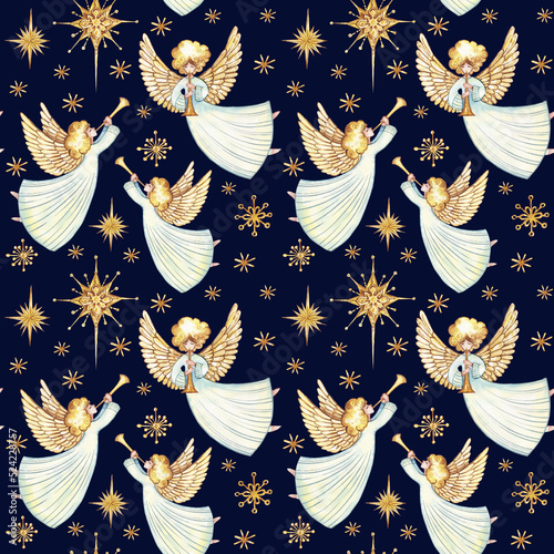 Watercolor seamless pattern with cute Christmas angels, stars on a dark background