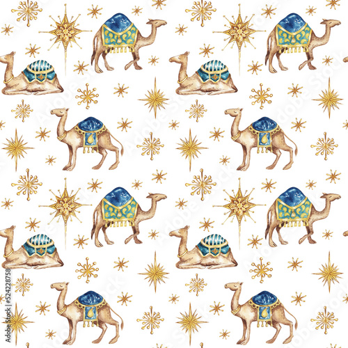 Print op canvas Three biblical Kings camels follow the star