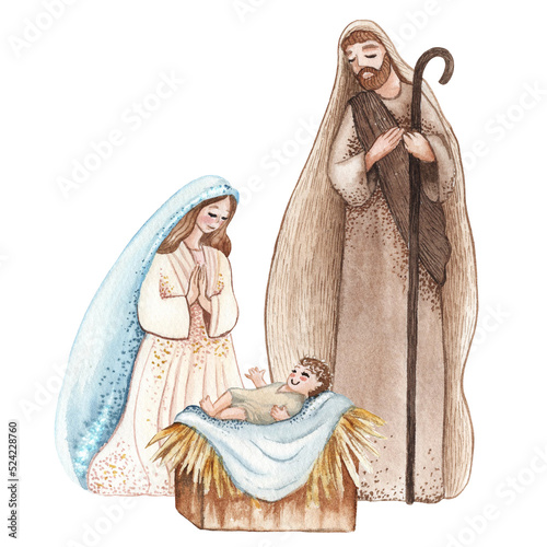 Christmas nativity scene of Joseph and Mary holding baby Jesus, hand drawn watercolor illustration