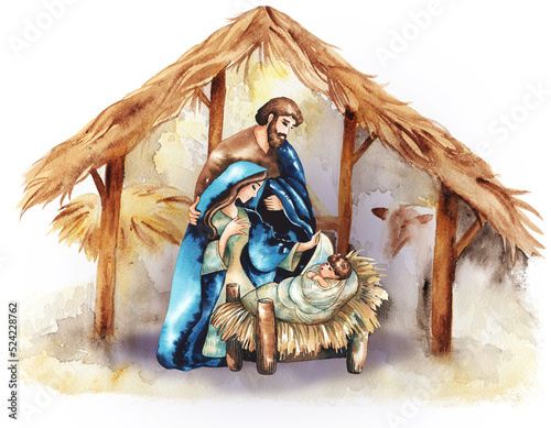 Christmas nativity scene of Joseph and Mary holding baby Jesus, hand drawn watercolor illustration photo
