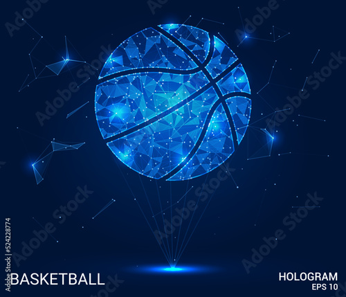 Hologram basketball. A basketball ball made of polygons, triangles of dots and lines. Basketball is a low-poly compound structure. Technology concept vector.