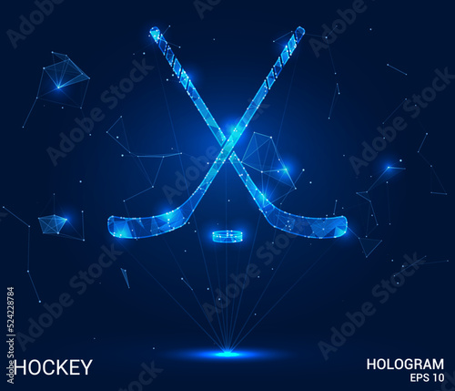Hologram hockey. Hockey sticks and a puck made of polygons, triangles of dots and lines. Hockey icon is a low-poly compound structure. Technology concept vector.