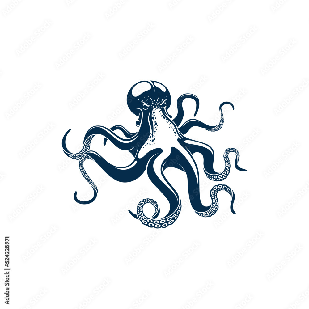 Obraz premium Octopus soft-bodied, eight-limbed mollusc isolated monochrome icon. Vector Octopoda marine animal with tentacles and suckers, fishing sport trophy mascot. Seafood emblem sign, aquatic character