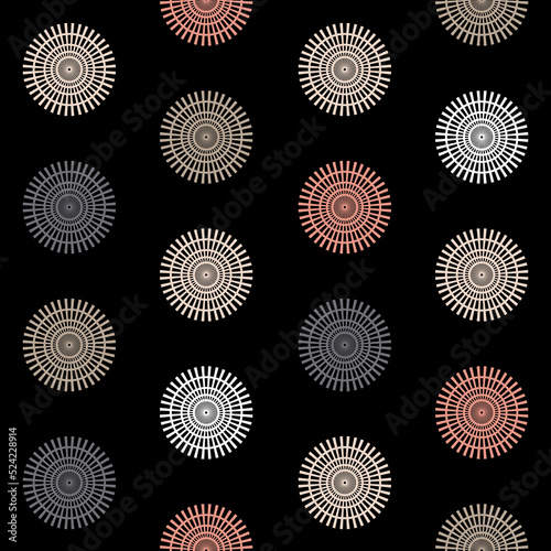 Disk mandala wheel seamless pattern on dark background, symmetrical color background for textile design