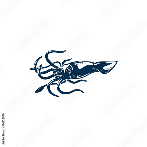 Giant squid isolated marine animal, mollusk monochrome icon. Vector hand drawn hooked squid with elongated bodies, and mantle. Marine underwater animal mascot with eyes, eight arms and two tentacles