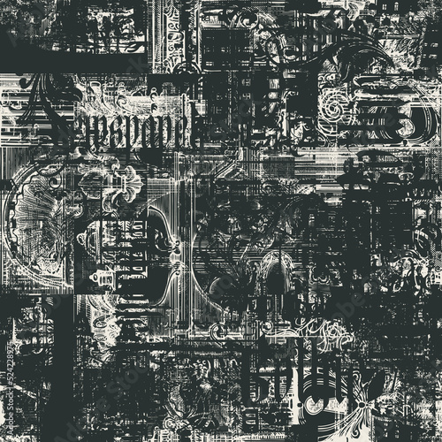 Abstract seamless pattern with chaotic layering of vintage architectural elements and old buildings and gothic letter. Vector background on of ancient architecture and art in creative modern design