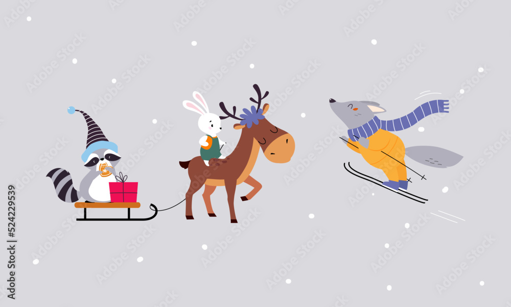 Fototapeta premium Set of cute winter forest animals. Raccoon and bunny riding in sleigh pulled by Christmas reindeer vector illustration