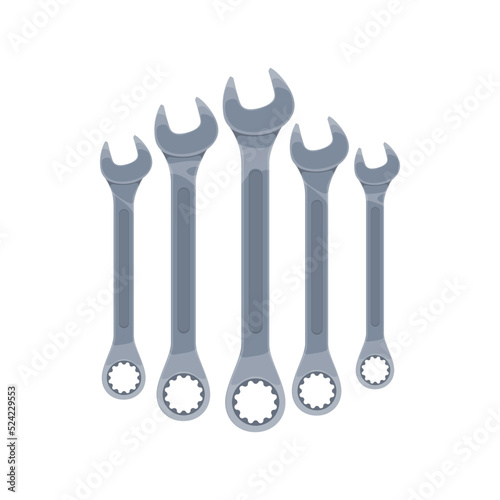 Wrenches or spanners, tools set for construction or carpentry, vector. Hardware equipment, metric combination spanners or wrenches with open and box ring ends