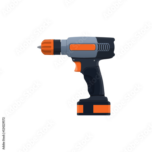 Drill, electric tool, carpentry and woodwork or construction equipment, vector. Portable electric drill, carpenter and wood work screw fastening tool and handicraft hardware