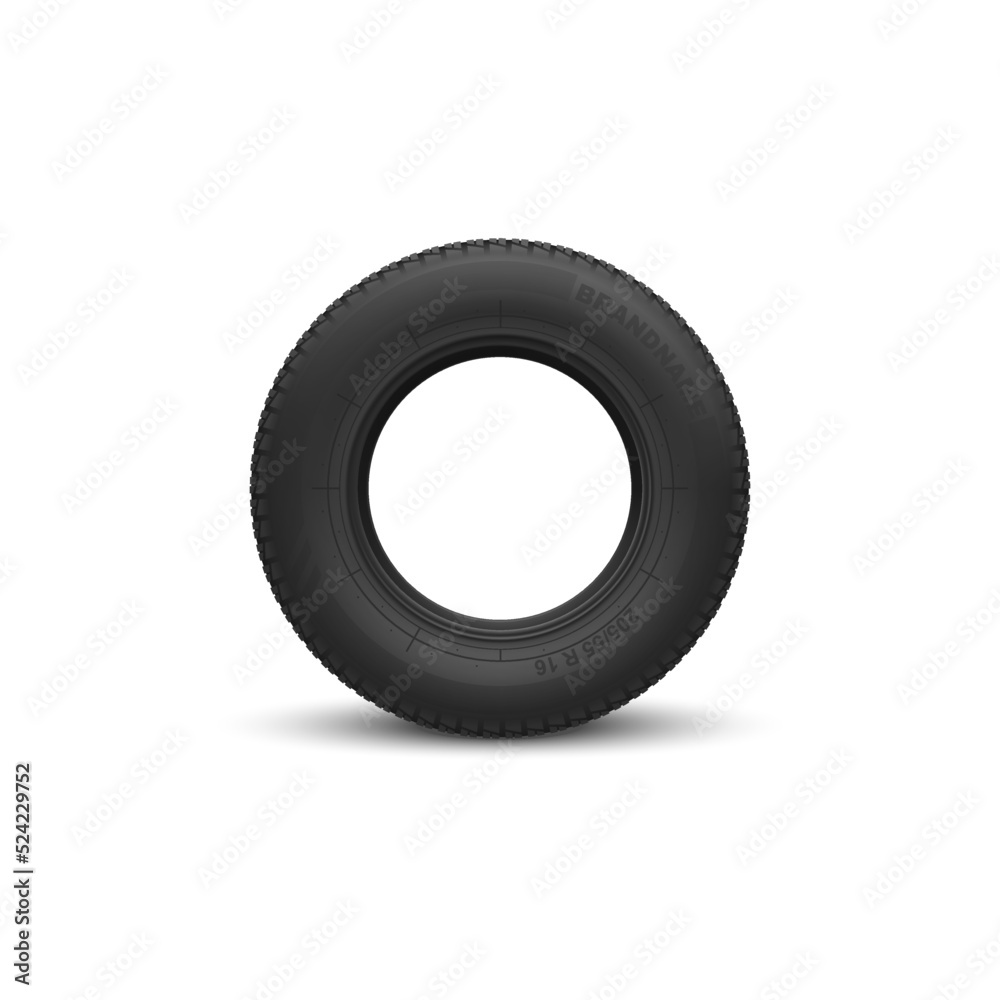 Fototapeta premium Vehicle black rubber tire isolated mockup. Vector round car wheel, automobile rim