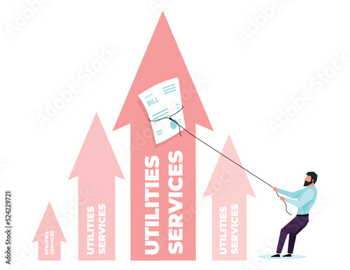 A graph of rising prices for utilities in the form of four pink arrows with a leaflet or a check for paying utility bills and a man with a beard in a shirt and trousers, who pulls them down with a rop