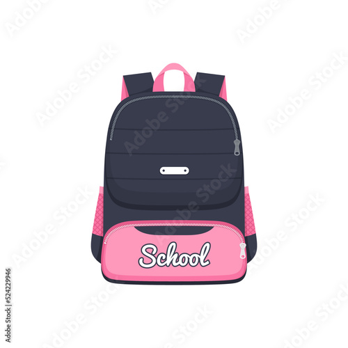 Backpack school bag, pink back pack or schoolbag, girl rucksack, vector flat icon. Isolated kids school backpack with black pockets and handle straps, travel luggage, sport and hiking carryon bag