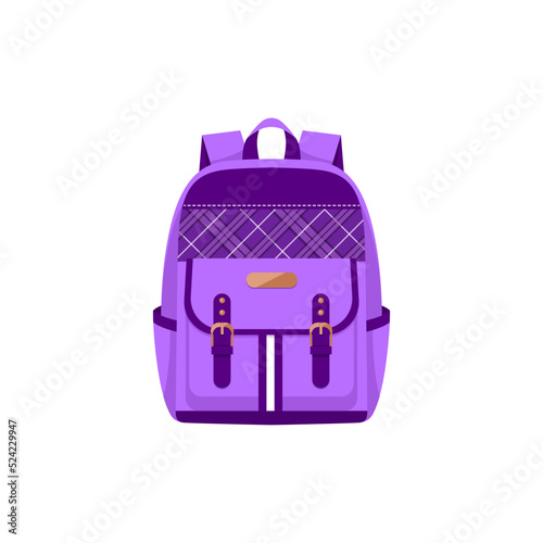 Backpack bag or back pack rucksack, purple luggage or schoolbag, vector flat icon. Modern girl or women backpack or kid school bag and travel luggage knapsack with pockets