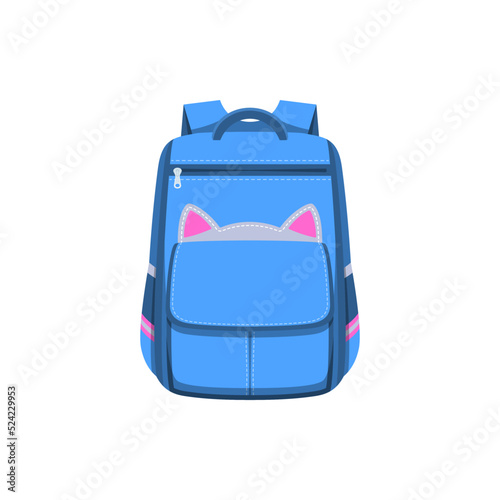 Backpack bag, kid schoolbag rucksack with blue and pink kitty pockets, vector flat icon. Kids girl school bag backpack with cat ears design, children casual handbag rucksack for kindergarten