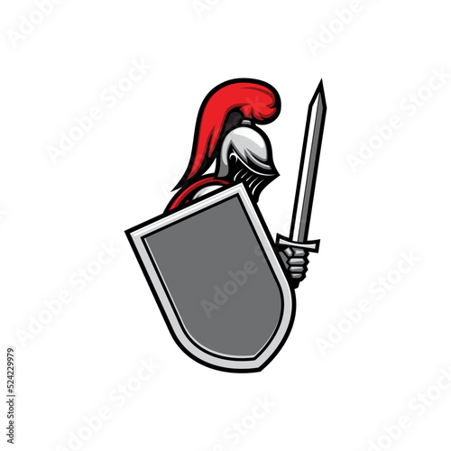 Templar knight in helmet with red feathers, sword and sheet isolated medieval armour. Vector Italian noble , hero in mask fighting at battle, profile view. Warrior in protective costume heraldry sign