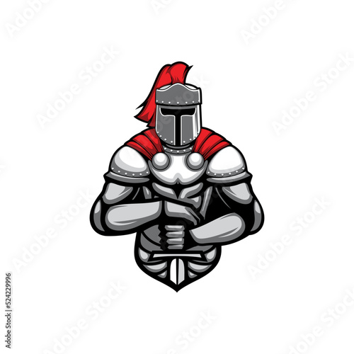 Medieval knight in metal suit with sword in hands isolated fifteenth century soldier. Vector warrior in helmet with red feathers and cape, metal costume with weapon, statue. History hero of 15 century