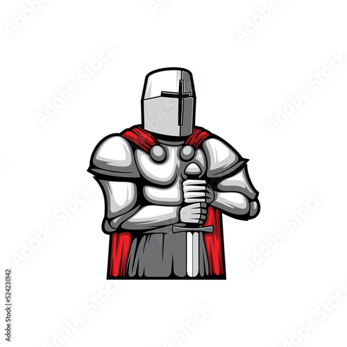Knight in protective metal suit, with hands on sword isolated medieval armour. Vector man in halberd protection and breastplate. Templar fighter mascot, 14th 15th century warrior, man in helmet mask