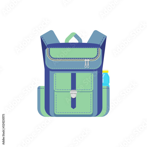 Rucksack back to school item isolated icon. Vector rucksack with bottle, school supplies, education and study bag, back to school backpack. Pupil schoolbag with zipper pockets and shoulder straps