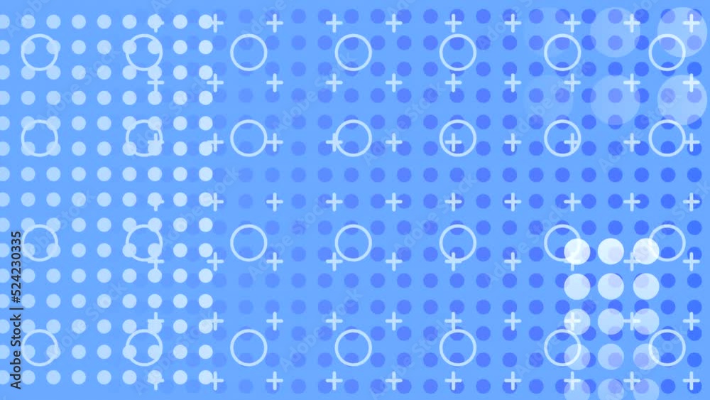 Abstract animated screensaver of geometric shapes. Looped animation with circles and crosses.